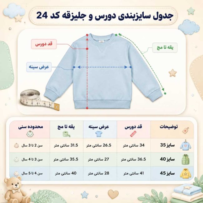 جدول راهنمای ابعاد برای ست دو تکه دخترانه سایز ۲ تا ۵ سال