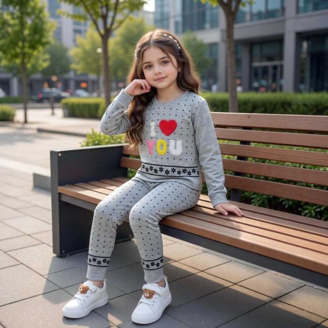 دختر کوچک با ست لباس راحتی طوسی ملانژ نشسته روی نیمکت چوبی