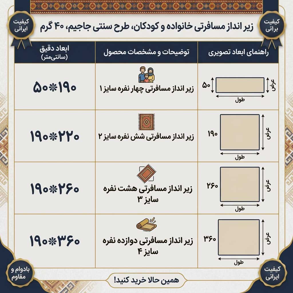 اینفوگرافیک ابعاد دقیق زیرانداز جاجیمی قابل حمل ضد سایش در ۴ سایز مختلف سفری
