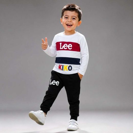 ست بلوز و شلوار راحتی پسرانه طرح Lee با بلوز سفید و شلوار مشکی تن‌خور کودک