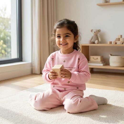 دختربچه با ست صورتی بلوز و شلوار، نشسته روی فرش و در حال بازی با مکعب چوبی