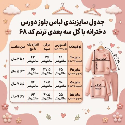 جدول سایزبندی لباس دورس دخترانه ترنم با سانت دقیق قد، پهنا و سن مناسب برای انتخاب سایز