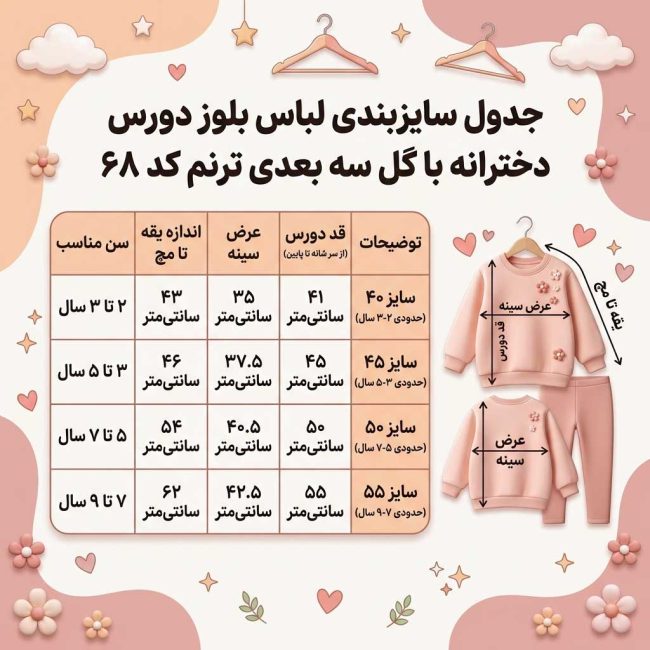 جدول سایزبندی لباس دورس دخترانه ترنم با سانت دقیق قد، پهنا و سن مناسب برای انتخاب سایز